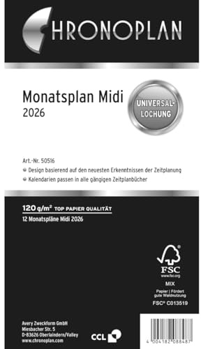 Chronoplan 50516 Kalendereinlage 2026 (Monatsplan Midi (96x172mm), Ersatzkalendarium für Terminplaner, Monatsplaner, für detaillierte Monatsplanung, 1 Monat auf 1 Seite, mit Universallochung) weiß