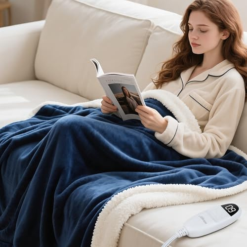 Olycism Coperta Termica 130 * 180cm Coperta Riscaldante Elettrica con 9 Livelli Di Calore e 10 Timer e Display Led Plaid Riscaldabile Termocoperta Singola e Doppie Blu Navy