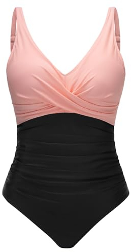 Tuopuda Bañadores Mujer Reductor Barriga Bañador Push up con Relleno V-Cuello Trajes de Baño Una Pieza Monokini Bañador Natacion Surf Swimwear para Playa Piscina Vacaciones, Negro + Rosa, M