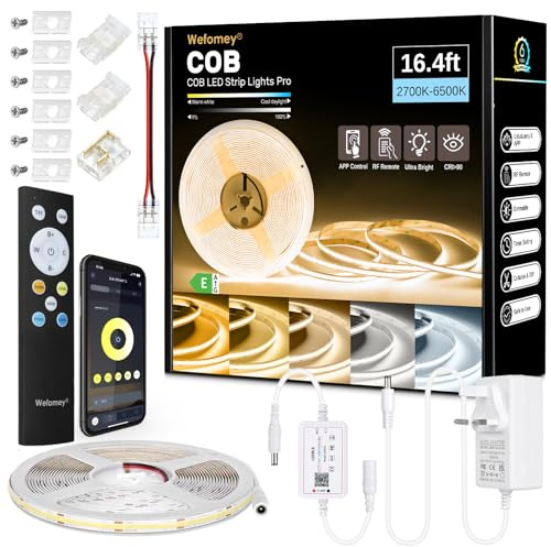 Wefomey COB LED Strip Light White, 16.5ft Dimmable 2700K-6500K High Density 3100LEDs 24V Flexible LED Tape Light with Remote and APP Control, for Under Cabinet Bedroom Kitchen DIY Lighting