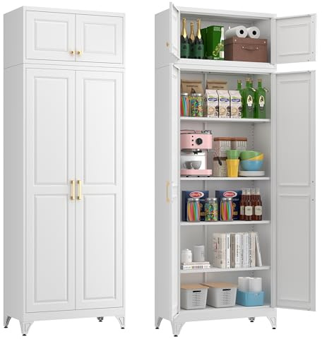 Kubohogar Metal Storage Cabinet, 90 White Pantry Cabinet with 4 Doors and 4 Adjustable Shelves, Tall Cabinets for Dinning Living Room and Dining Room