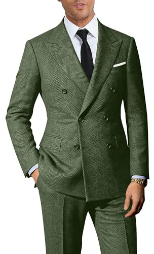 Men Tweed Suit Retro 2 Piece Herringbone Suit for Men Double Breasted Wedding Suits Easter Tuxedo Green Wool Blazer Pants S