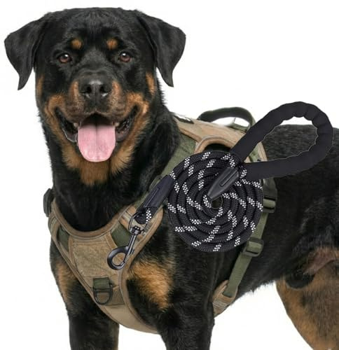 Tactical Dog Harness and Lead Set, Anti Pull Military Vest for Large Dogs, Reflective Breathable Oxford No Choke Adjustable Easy Control Handle for Walking, Khaki, M