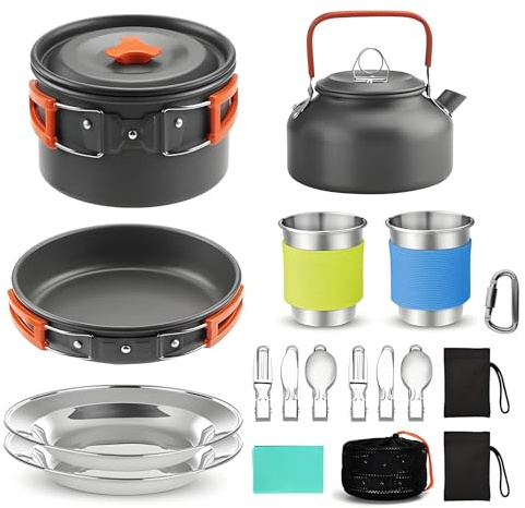 Set de Casseroles de Camping Portable - Léger en Aluminium,Durable et Compact avec Bouilloire et Ustensiles,Inclut Marmite,Poêle, Légère, Empilable pour Camping, Randonnée et Voyage (Orange)