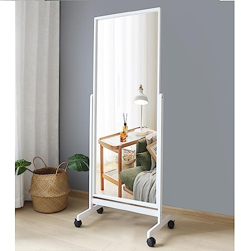 AISUNDY Swivel Tilting Full Length Mirror on Wheels 65x22, Pine Wood Frame Cheval Floor Rolling Mirror Full Body with Standing Holder for Bedroom, Babershop, Home Gym, Angle Adjustable (White)