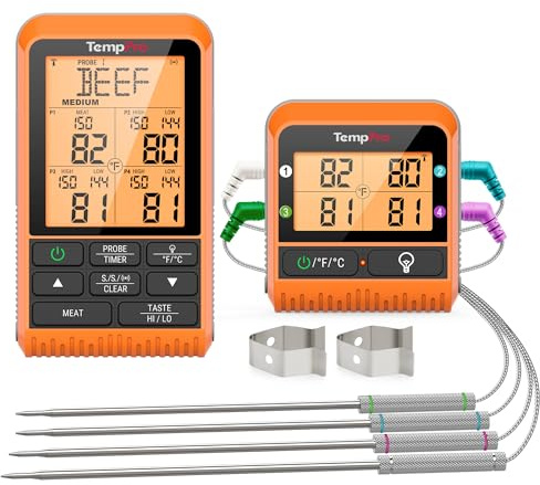 TempPro TP829 1000ft Wireless Meat Thermometer Digital for Grilling and Smoking, 4 Meat Probes Grill Thermometer for Outside Grill, BBQ Thermometer for Cooking Food Temperature (Previously ThermoPro)