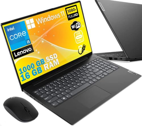 LENOVO Notebook, Pc portatile cpu Intel i5 12Th gen, Quad Core, 16 Gb RAM, Display Full HD da 15,6, SSD Nvme da 1000 Gb, Windows 11 Pro + mouse wireless