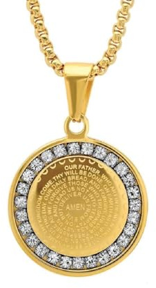 Steeltime Stainless Steel Pendant Necklace with Simulated Diamonds - 18-Inch Rounded Box Chain, Stainless Steel Pendant for Men & Women, Lords Prayer & Serenity Prayer Gifts - Gold, Lord's Prayer