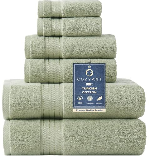 COZYART Sage Green Bath Towel Set for Bathroom Turkish Cotton Thick Soft Absorbent Durable 650 GSM Towel Sets of 6, 2 Large Bath Towels, 2 Hand Towels, 2 Washclothes