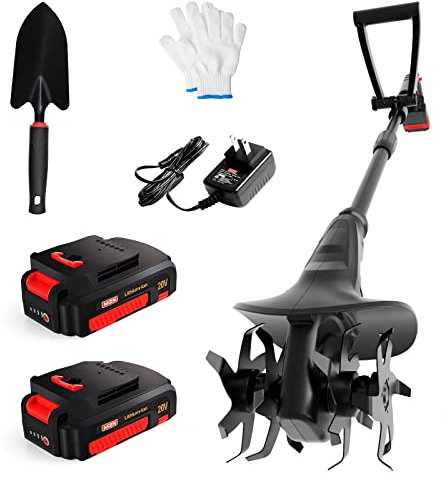 MZK Motoculteur sans fil 20 V avec 24 dents en acier, 19,8 cm de large, alimenté par batterie, mini motoculteur pour le jardinage (2 piles 2 Ah et chargeur inclus)