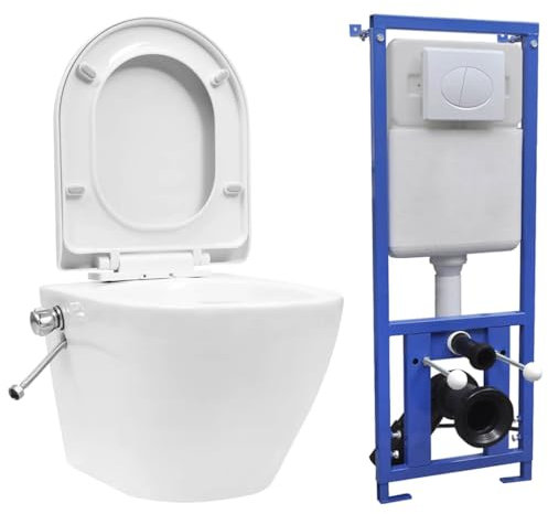 vidaXL Wall-Hung Rimless Toilet with Concealed Cistern, Ceramic White - Soft-Close Lid, Bidet Function, Water-Saving, Easy-Clean Surface and Durable Material