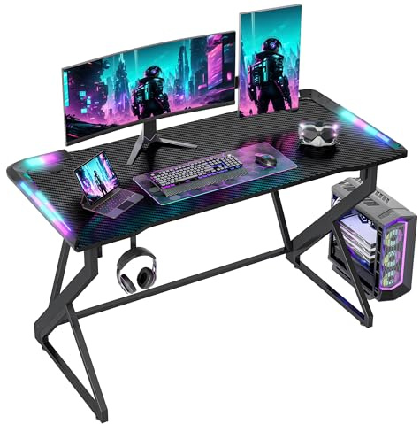 TIQLAB Gaming Desk with LED Lights, 47 Inch Computer Desk for Home Small Space, Gaming Table with Carbon Fiber Surface, PC Gamer Desk for Kids Boys Men, Black