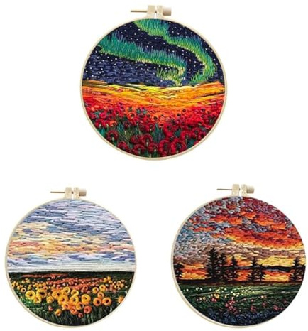 EORPAVU Kits de bordado,Kit de bordado a mano, kit de práctica introductoria al bordado, kit de bordado para principiantes, patrón de pintura al óleo de paisaje (3 juegos)