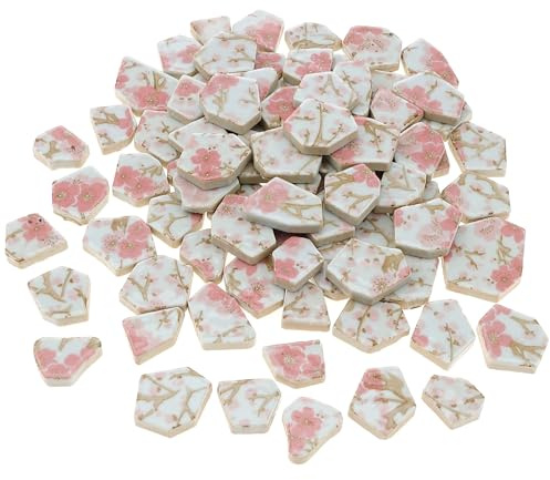 Yatinkim 500g Pink Ceramic Mosaic Tiles Broken Irregular Porcelain Pieces | DIY Decoration for Crafts Flower Pattern Glazed Bulk Making Supplies Art Projects Making Home Kitchen Floor Plates