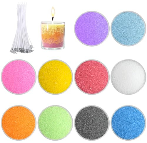 300 g de Sable Nacré pour Bougies avec 50 Mèches - 10 Couleurs, Granulés et Perles de Cire de Paraffine pour Décoration de Festival