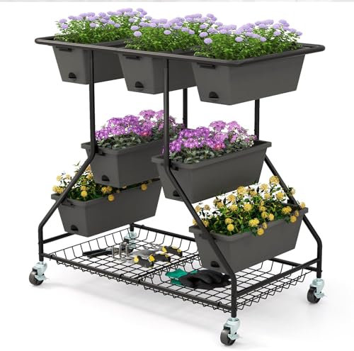 GOPLUS Jardinera Elevada Vertical de 3 Niveles, Cama para Plantas Exterior con 7 Cajas, Agujeros de Drenaje, 4 Ruedas Universales, Huerto Urbano Móvil con Estante, para Verduras, Hierbas, Flores