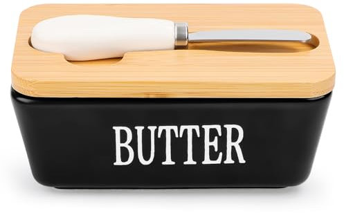 Butterdose mit Holzdecke und Messer, 350 g Butter Dish, Porzellanbutterbehälter mit Abdeckung, Keramischer Butterhalter für Arbeitsplatte, Butterbox für Haushalt und Küche