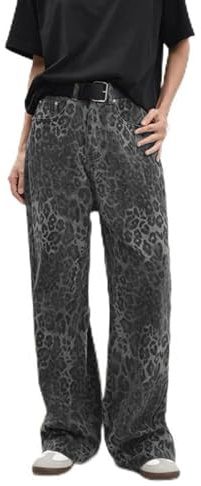 Vaqueros Mujer Cintura Alta Anchos Jeans con Estampado Leopardo Marrón Pantalones Denim de Pierna Ancha Leopardo Pantalones Baggy Casual con Bolsillos Pants de calle Estilo Hip Hop Streetwear 2025