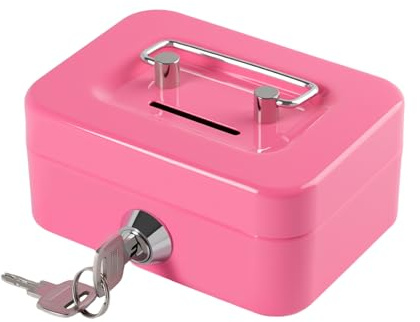 Cash Box with Key, Mini Money Box with key, Portable Money Tin for Home, Office and Events, 11.5 * 8.5 * 6cm(Pink-mini)