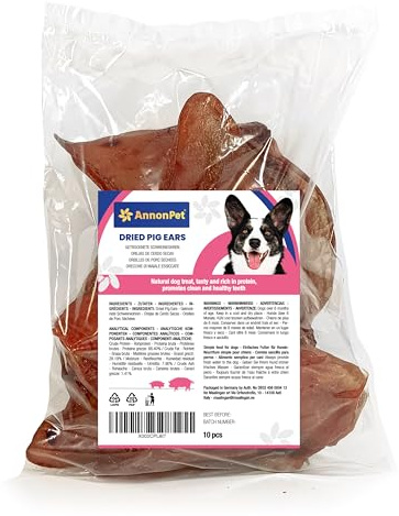 AnnonPet® Orejas de cerdo secas para perros – 10 piezas naturales – Snack masticativo natural y sabroso – Rico en proteínas – Sin aditivos – Ideal para todos los tamaños