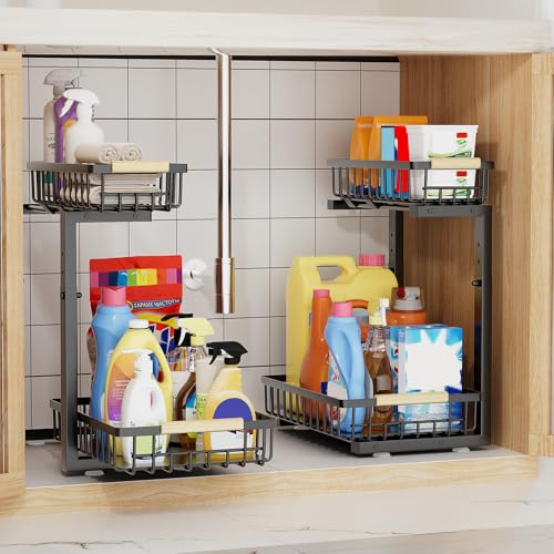 2er Pack Küchenschrank Organizer Metall, 2 Ebenen ausziehbares Regal