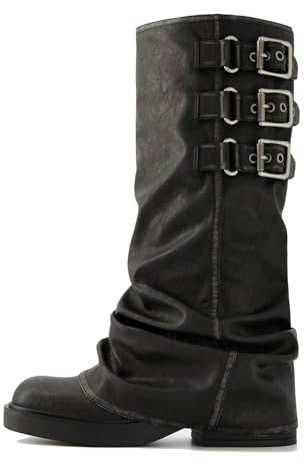 XBKXMK Women Fold Over Knee High Boots Square Toe Chunky Heel Riding Biker Boots with Buckles Casual Fashion Pull On Goth Slouchy Wide Calf Boots Black 8