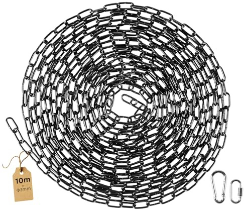 SWAWIS 10m Stahlkette aus Kohlenstoffstahl 3mm Starke Gliederkette mit M3 Karabinerhaken und Schnellverschlussringe Metallkette für Hundekette Absperrketten Lampenkette(Schwarz)