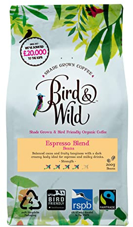 Fairtrade Organic Coffee Beans 200g - Strong Medium Dark Roast Espresso - Shade Grown Bird Friendly Certified - Bird And Wild - Strength 4 - Donation to RSPB - All Coffee Machines - 100% Arabica