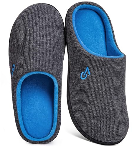 VeraCosy Men's Two-Tone Memory Foam House Slippers Indoor Outdoor Durable Rubber Sole (Dark Gray/Blue, 13-14 US)