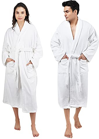 SweetNeedle Peignoir 100 % coton éponge super doux, léger, de luxe très absorbant avec poches, col châle et ceinture réglable pour homme et femme, blanc, XL