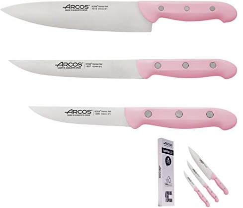 Arcos Juego de Cuchillos de Cocina Rosa | 3 pz | Cuchillo Chef para pelar Verduras | Edición Limitada | Solidaria