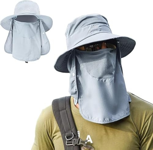 TMEOG Cappello Sole Anti UV Uomo Donna Cappelli da Pescatore con Protezione Collo, Cappello Trekking Safari Deserto Esterno Cappelli da Escursionismo Baseball con Visiera Copriviso(Grigio Chiaro)