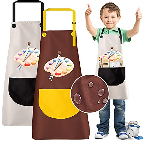 KEELYY Grembiule Impermeabile per Bambini, 2Pcs, Pittura e Cucina, Tasca, Regolabile, 7-12 Anni, Multicolore