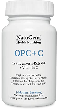 NatuGena OPC+C, Traubenkern-Extrakt + Vitamin C, Kollagenbildung, 90 Kapseln (3 Monats Packung)