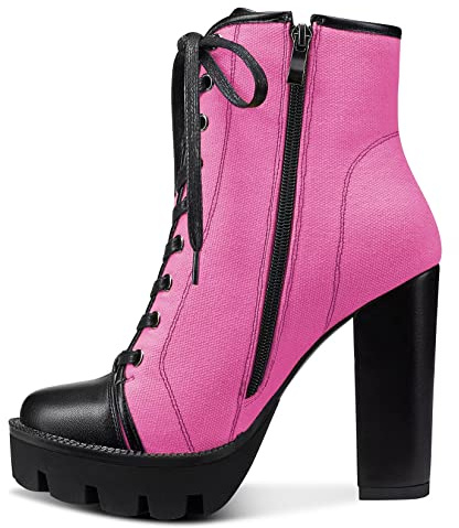 NobleOnly Mujer Alto High Heel Plataforma Redonda Punta Botines Cremallera Cordones Montar Botas Clásico Fiesta Oficina 13 CM Heels Rosa A 37 EU