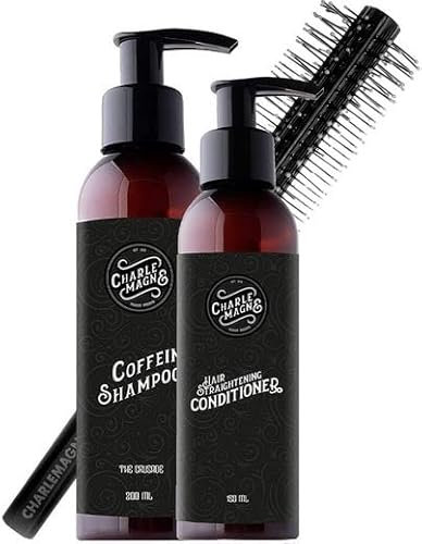 Charlemagne Haarpflege & Styling Bundle – Bestehend aus Koffein Shampoo, Haar Conditioner & Rundbürste/Stylingbürste – Haarstyling Männer Geschenkset – Haarpflege Set