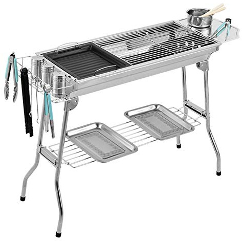 NEWCES Barbecue Desk Outdoor Stainless Folding BBQ Grills Picnic Barbecue Rack Grill Charcoal Stove Picnic Accessories Suitable for 3-6 Person，Silver Tabletop Barbecue