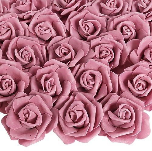 INSUNSIX 100 PCS Artificial Flowers Mauve Fake Roses Artificial Flowers Foam Flowers Real Looking Foam Roses for DIY Wedding Home Centerpiece Table Decorations(Dusty Rose, Stemless)