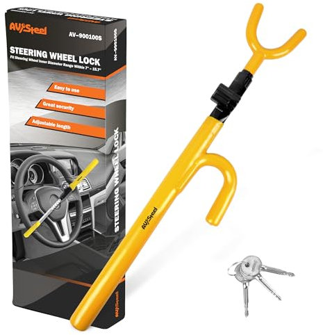 AV Steel Bloqueo de volante antirrobo para coche, bloqueo universal de rueda para coche, bloqueo visible para volante de coche, bloqueo de volante ajustable para coches, camiones, furgonetas y SUV con