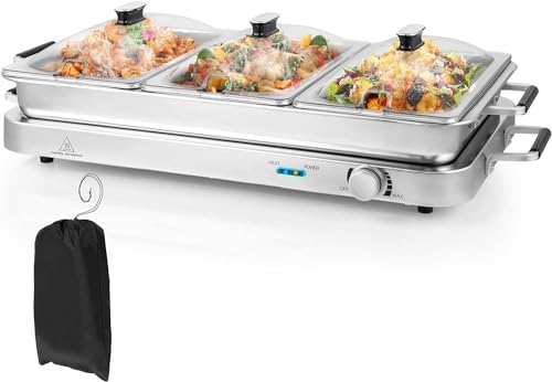 GOPLUS 2-en-1 Chauffe-Plat Électrique de Nourriture avec 3 Couvercles Transparents et 8 Plateaux en Acier Inoxydable de 8 L, Sac de Rangement, Plaque Chauffante Portable avec Contrôle de Température