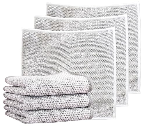 Multipurpose Double Layer Non Scratch Scrubbing Wire Dishwashing Rags for Wet and Dry, 6 PCS Multifunctional Reusable Cleaning Wire Dish Towels, Lint Free Duster Cloths for Kitchen, Dish, Sink, Pots