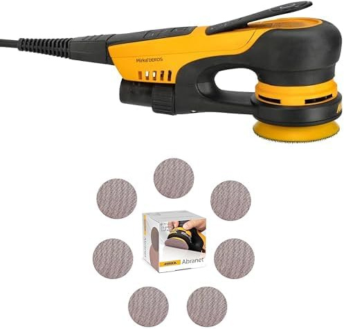 Mirka DEROS II 325 Exzenter-Schleifer Schleifmaschine mit Absaugung für Ø 77mm Schleifpapier, 2,5mm Hub Exzenterschleifmaschine + Mirka Abranet Netzschleifscheiben Ø 77mm Klett