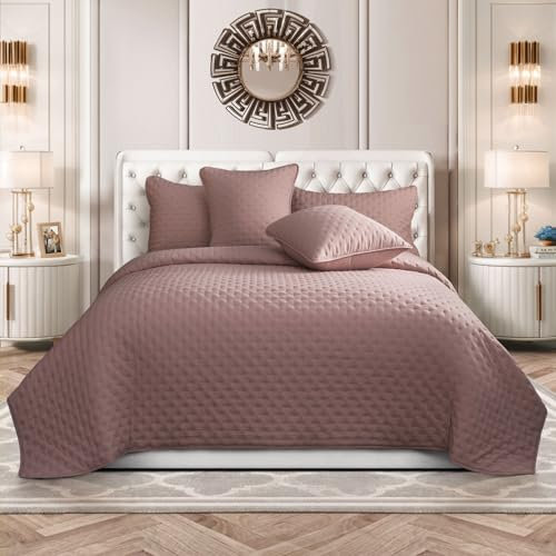 Colcha acolchada de lujo de 3 piezas con patrón en relieve para todas las estaciones, juego de ropa de cama reversible de microfibra suave para decoración de dormitorio, colcha reversible (rosa,