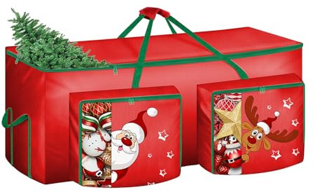 Alupssuc Christmas Tree Storage Bag 9ft,Large Bauble Decoration Storage Box,Christmas Ball Storage，600d Oxford Sturdy and Durable,Waterproof Storage Bag,Side Pocket Store With Cute Pattern-Red