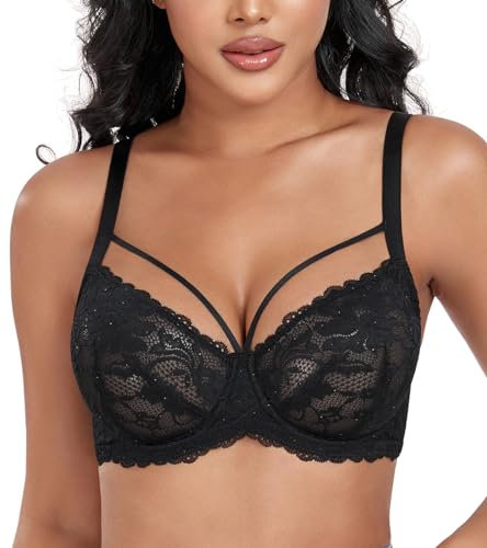 DotVol Women's Sexy Strappy See Through Lace Bra Plus Size Unlined Underwire Everyday Bra(Black, 36DD)