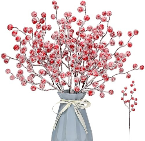 KKSTY 16 Pieces Artificial Snowy Berries Stems,9'' Christmas Holly Berries Picks Sprays Filler Branch for Xmas Decoration Wreath Making Supplies DIY Crafts Winter Season Home Party Décor (Red)
