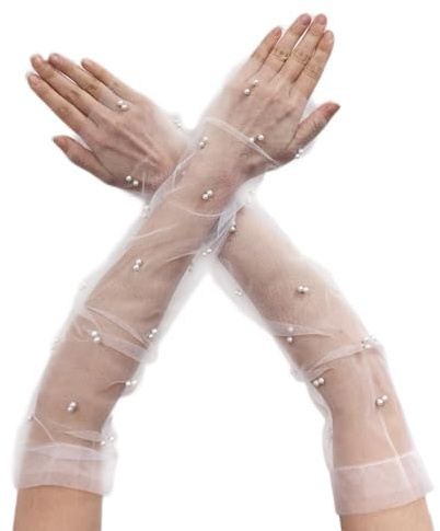 AWOCAN Women's Sheer Long Pearl Mesh Tulle Fingerless Wedding Bridal Opera Party Gloves