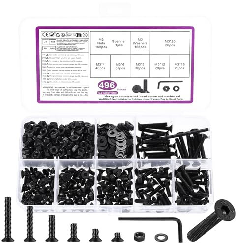 496 Pcs Vis M3, Vis Boulons et écrous Set, Vis à Tête Fraisée à Tête Hexagonale et écrous avec Rondelles Kit, Boulons Vis à Tête Plate à Six Pans Creux, Noir, avec Clés Hexagonales
