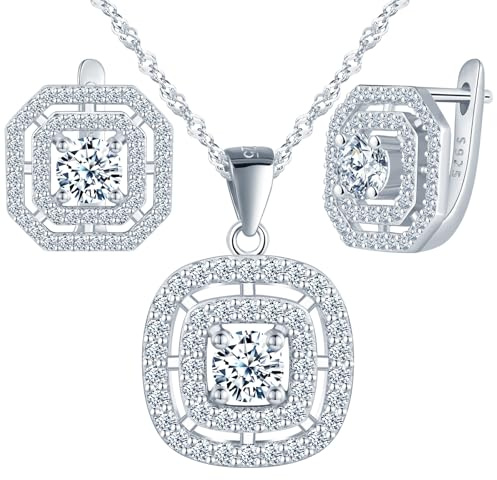 Yumilok Brillant Argent Sterling 925 carré rond zircone cristal Boucles d'oreilles femmes pendentif collier bijoux set Argent Sterling 925