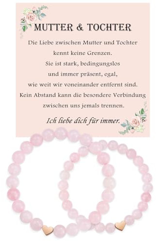 USEEDOVIA Rosa Kristall Armband für Mutter & Tochter, 8 mm & 6 mm Groß Klein Pink Kristallperlen mit Gold Charm Herz Armband 2 Stück Armbänder Set Geschenke für Tochter Mama
